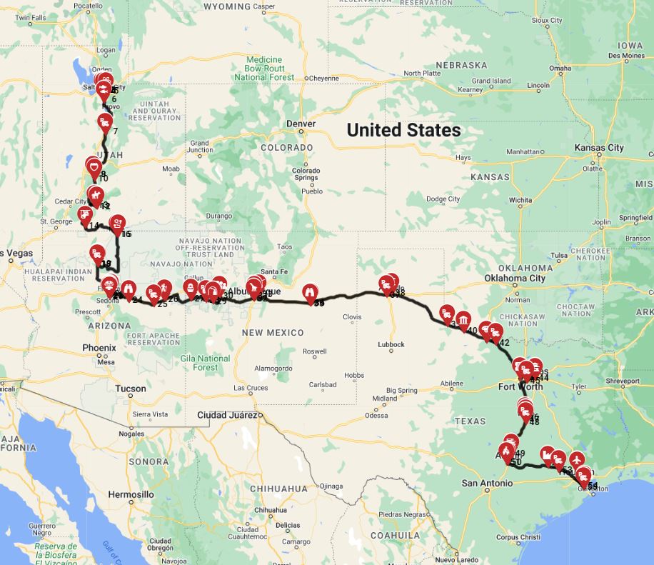 Salt Lake City to Houston motorhome trip planner rv trip